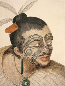 Full facial moko, scetched by Sydney Parkinson, 1769. Wikimedia Commons