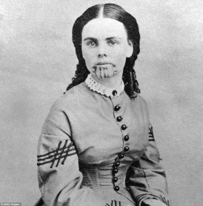 Pioneer: Olive Oatman was taken in by the Mojave tribe after her family was killed. The Mojave tattooed her chin to ensure her passage into the afterlife. Credit: Getty Images/Daily Mail UK 