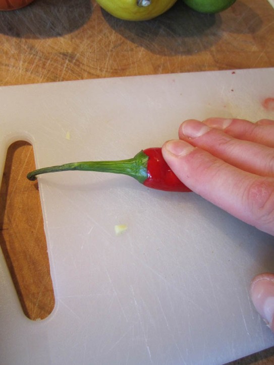 If you want the chili to be less spicy, rub it before you cut off the stem. Then you can easily knock the seeds out.
