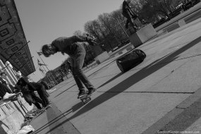 Skateboarding outside Oslo City Hall.