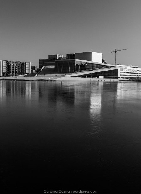 The Oslo Opera House is situated in the Bjørvika neighborhood of central Oslo, at the head of the Oslofjord. Here there's a thin layer of ice on the fjord.