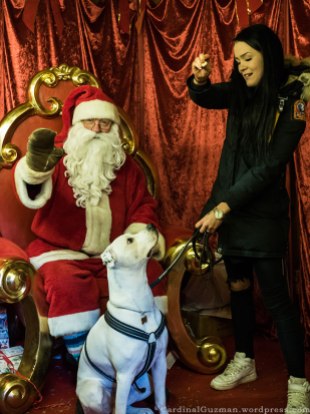 Santa, dog and a model.