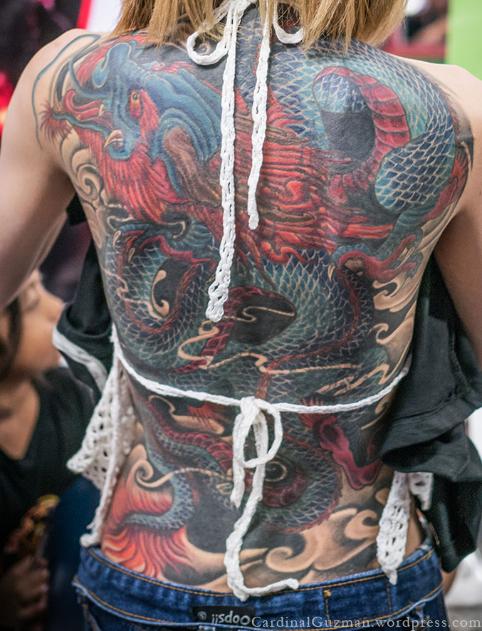 A full back piece with a Japanese dragon. Tattoo by Peerapong Bank Tattoo, Bangkok, Thailand.